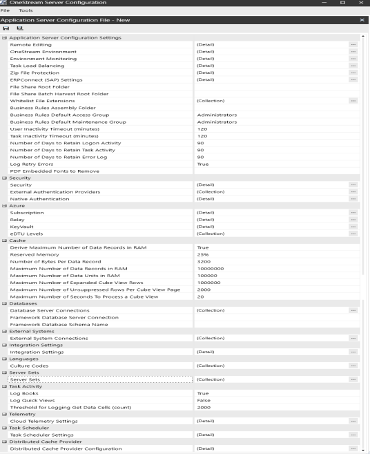 Application Server Configuration Settings Window